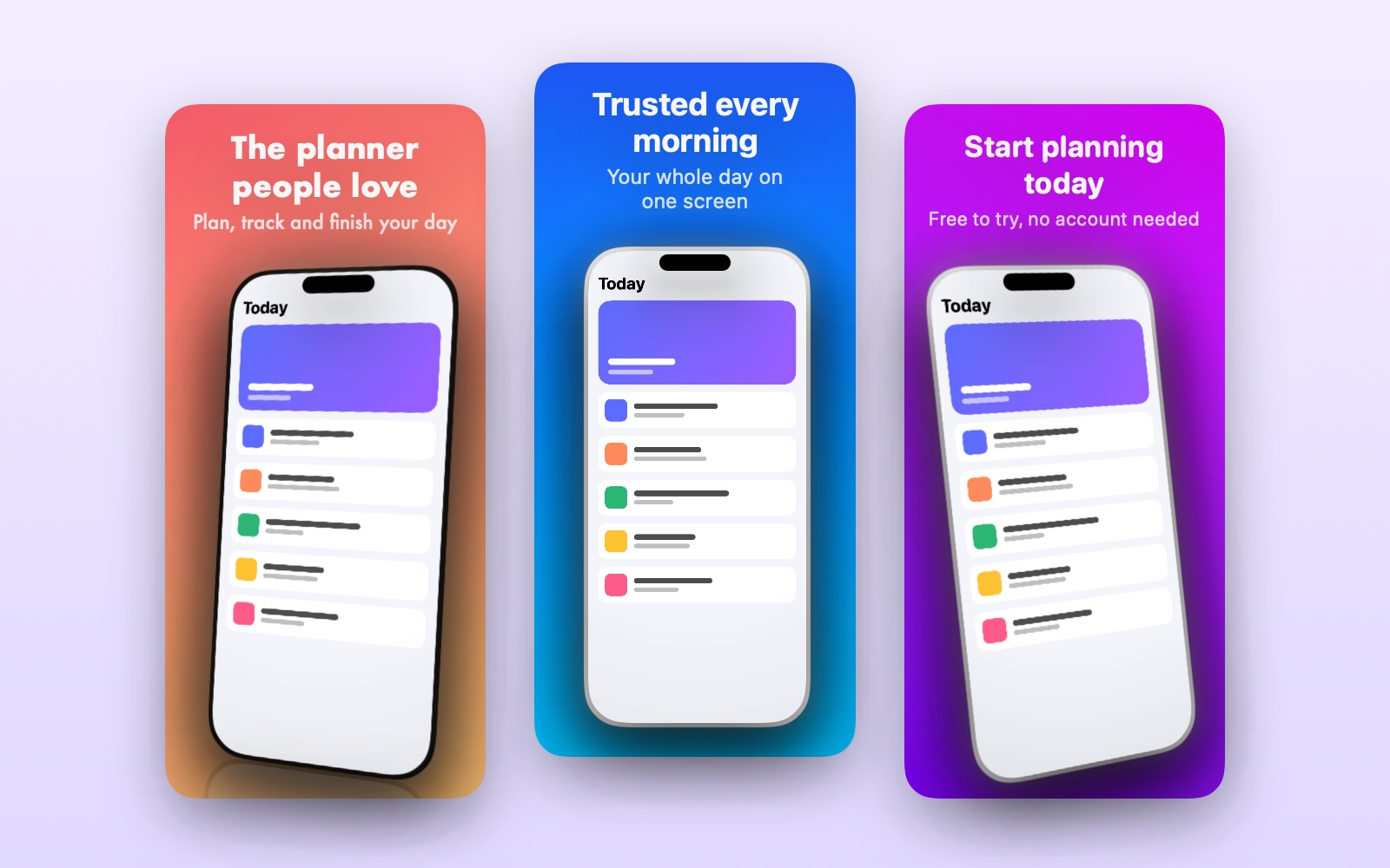 Three finished iPhone screenshots, each with its own headline and colours.