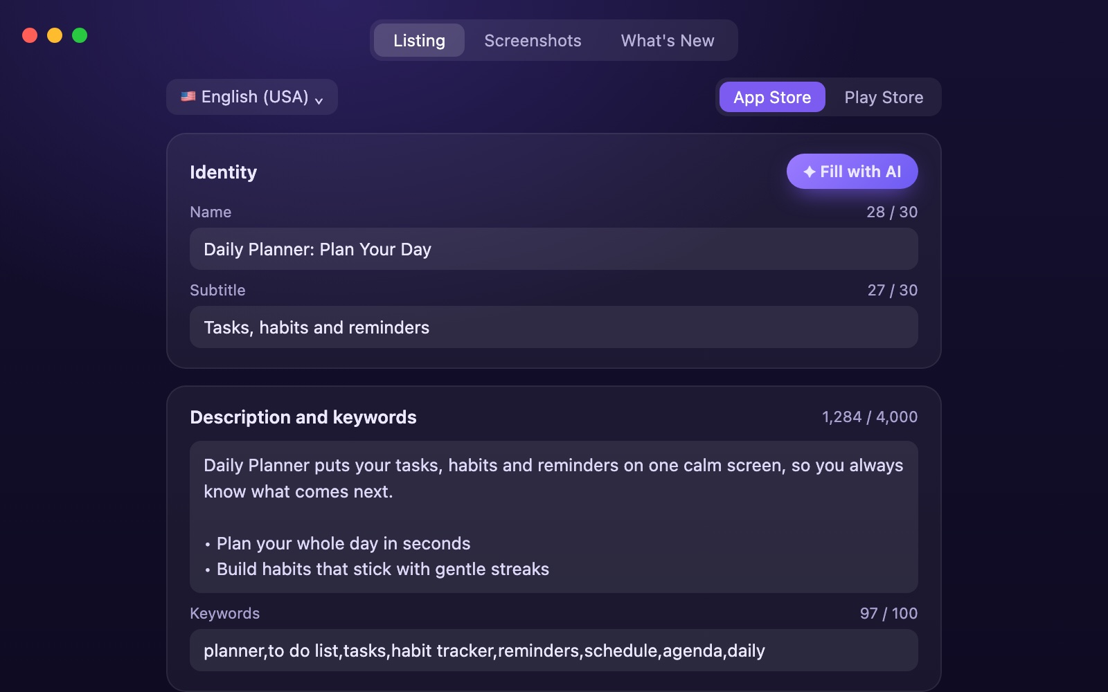 The listing editor with name, subtitle, promotional text and description filled in.